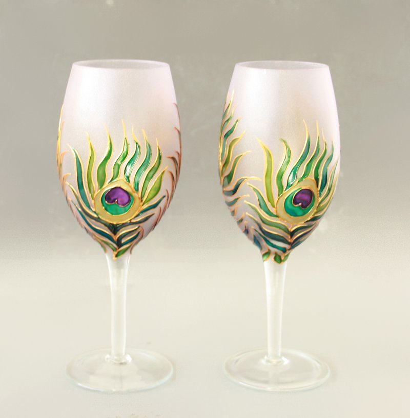 Peacock Feather Glasses Hand painted set of 2 - Bar Glasses & Drinkware - Glass Purple