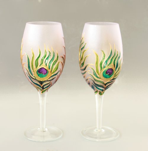 NeA Glass Peacock Feather Glasses Hand painted set of 2