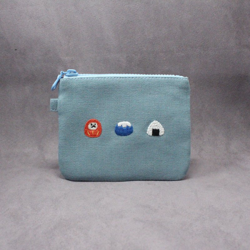 Hand embroidered card coin purse/Go to Japan - Coin Purses - Cotton & Hemp Blue