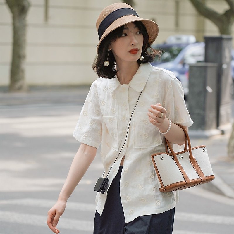 French Rose Embroidered Linen Short Sleeve Shirt|Shirt|Summer|Linen|Sora-730 - เสื้อเชิ้ตผู้หญิง - ลินิน ขาว