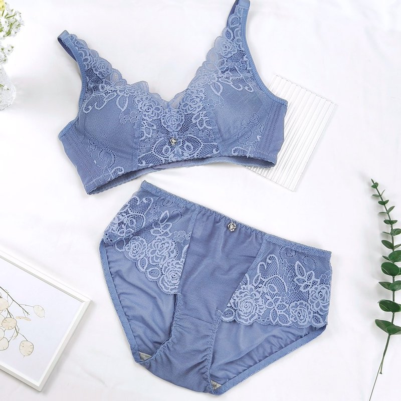 Pink Lady Wireless AB Cup Rose Zixia Bottom Thick Top Thin Concentrated Covering Single-piece Underwear - ชุดชั้นในผู้หญิง - ไฟเบอร์อื่นๆ สีน้ำเงิน