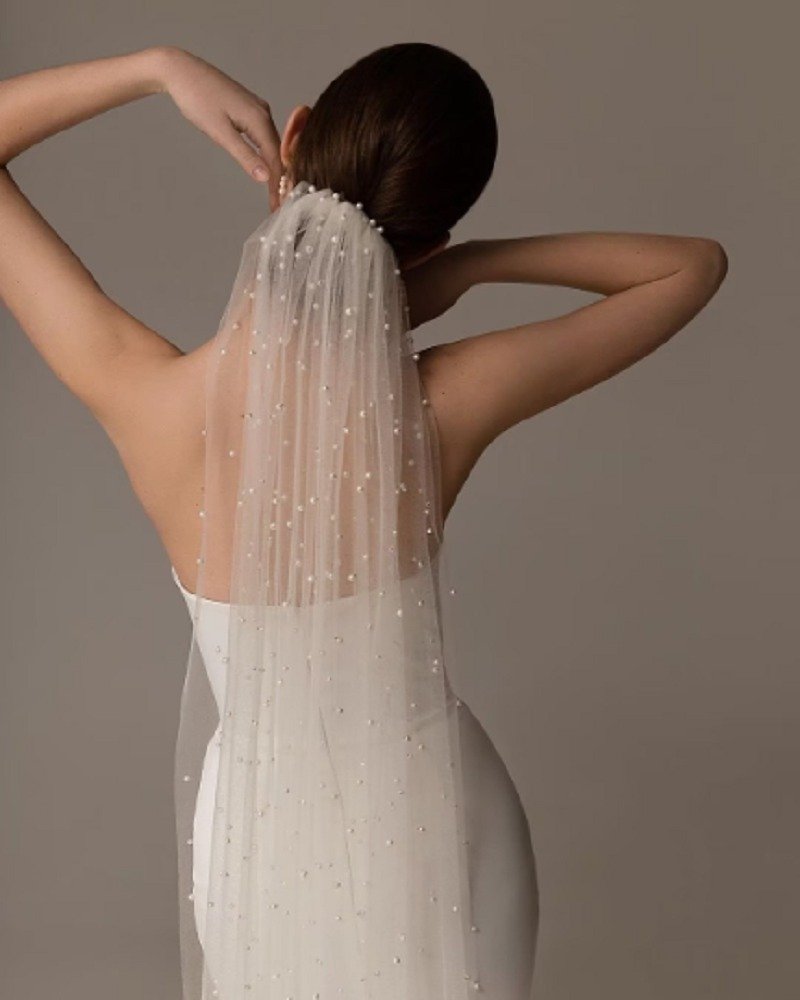 其他材質 髮夾/髮飾 白色 - Soft tulle veil with pearls, pearl veil, veil with pearl embroidery, modern veil