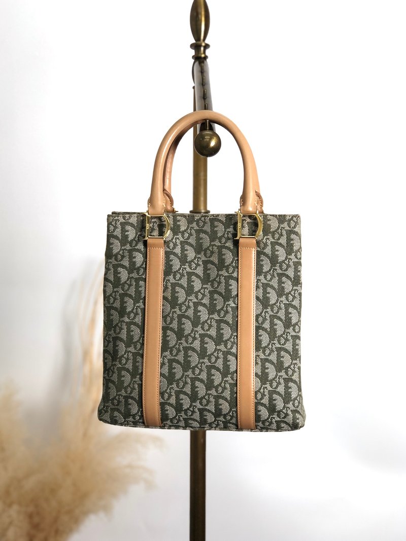 【 日本直送　名牌中古包 】Christian Dior クリスチャン ディオール トロッター ハンドバッグ グリーン ジャガード vintage vcheai - 手提包/手提袋 - 棉．麻 綠色