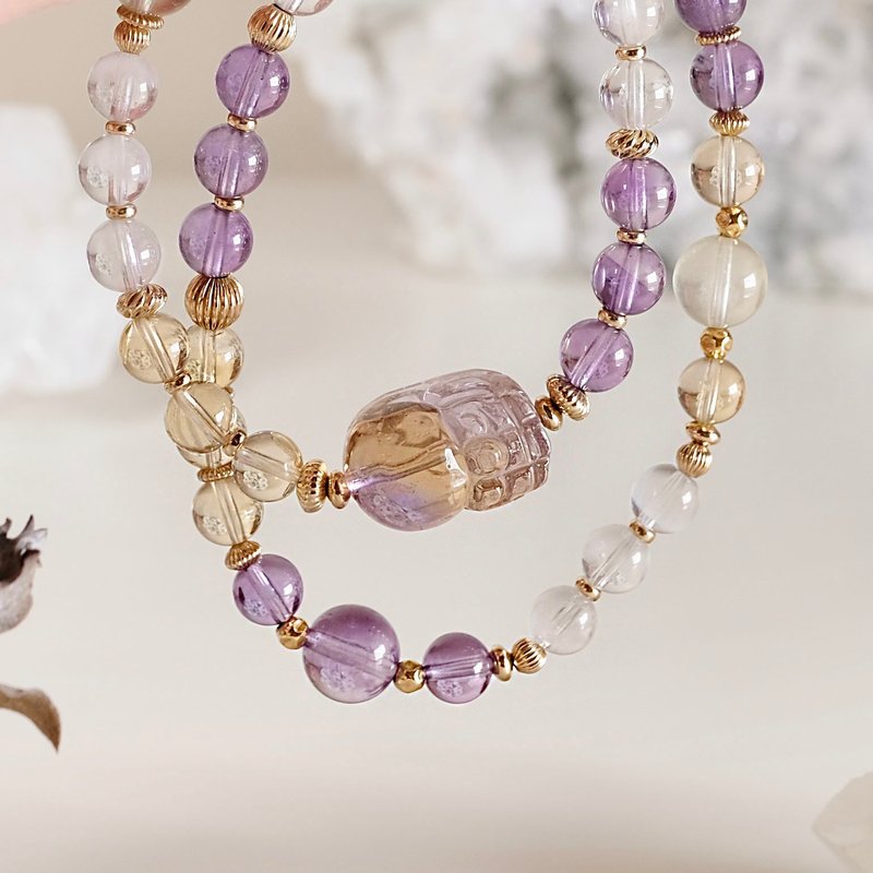 Super beautiful one-piece two-color ametrine Pixiu citrine amethyst white rabbit hair double circle bracelet - สร้อยข้อมือ - คริสตัล สีม่วง