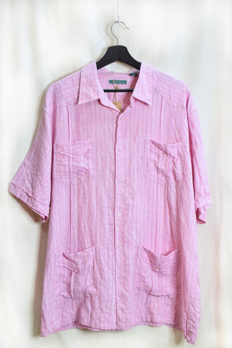 Vintage plain Cuban shirt pink (Linen material) - Men's Shirts - Cotton & Hemp 