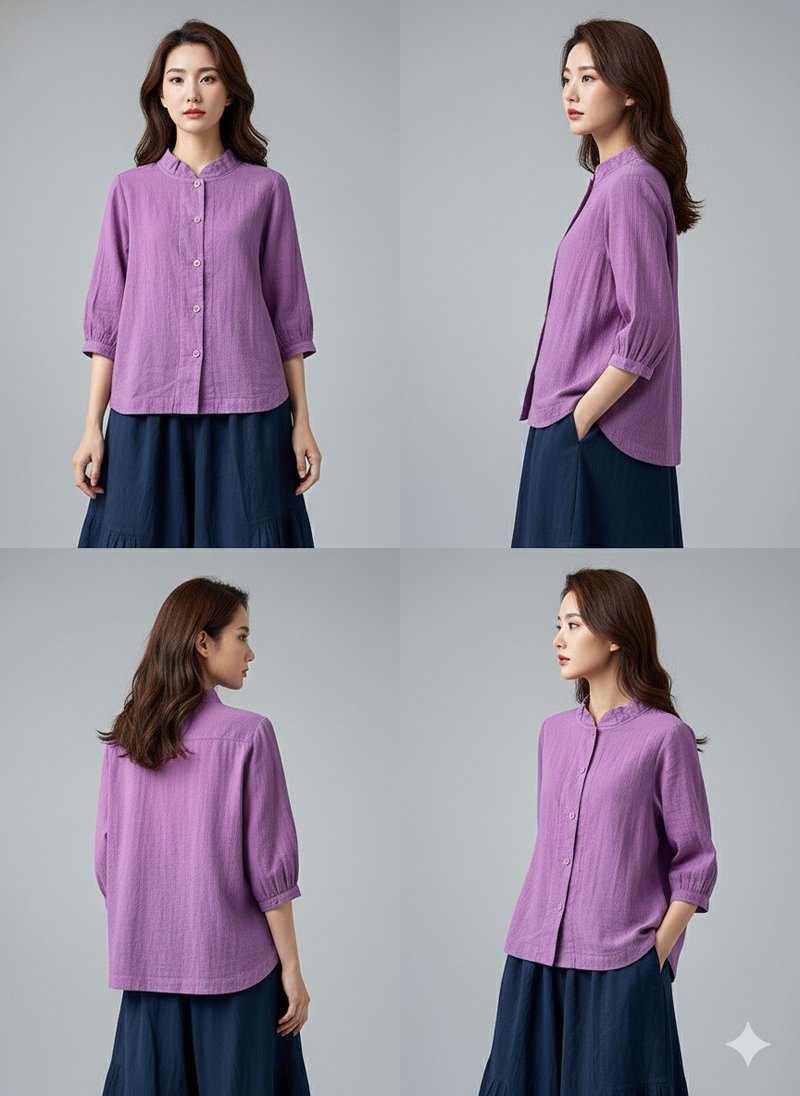 【聲聲慢】復古高立領排釦立體棉麻衫 - 女裝恤衫 - 棉．麻 
