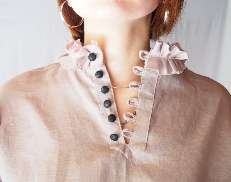 Antique Mauve Frilled High-Neck Linen Blouse - Women's Shirts - Cotton & Hemp Pink