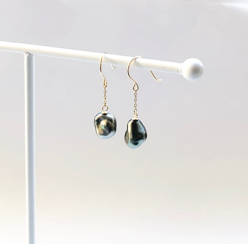 珍珠 耳環/耳夾 綠色 - Tahitian pearl earrings K18