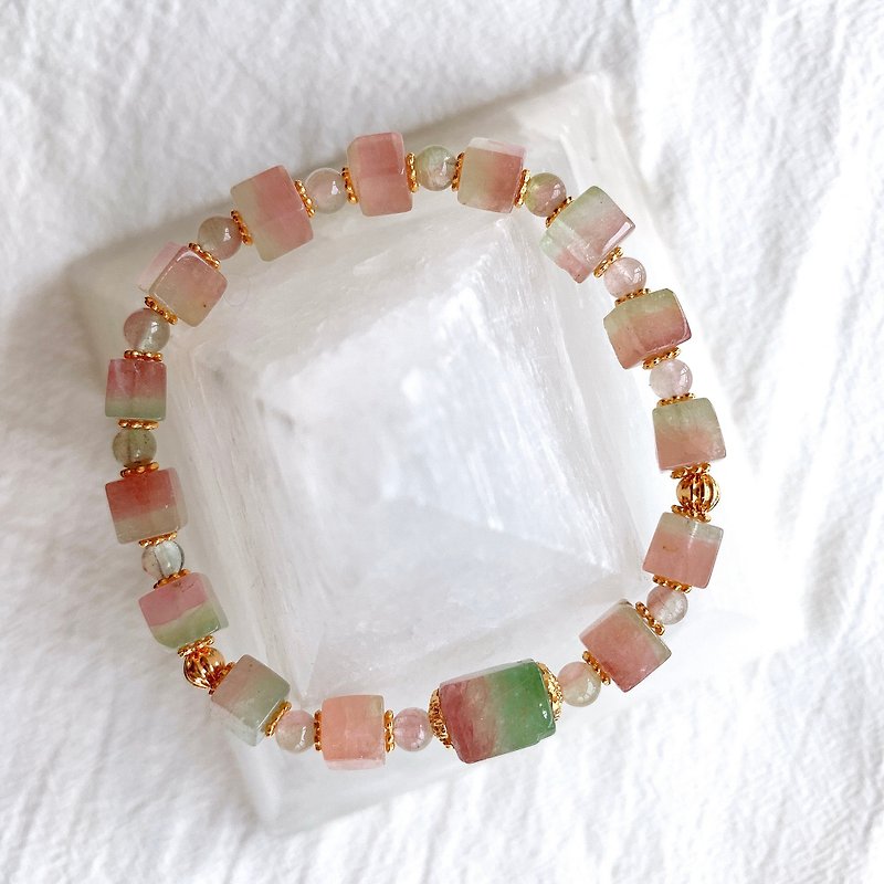 溫柔色系  溫柔的粉綠方糖原石碧璽手鏈 天然水晶 - 手鍊/手環 - 半寶石 多色