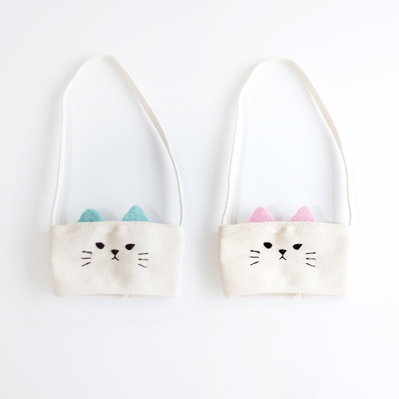[Q-cute] Empty Drink Bag Series-Small Cup Pink Cat - Beverage Holders & Bags - Cotton & Hemp Multicolor