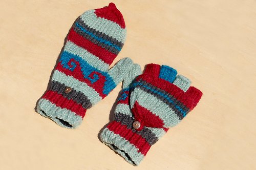 omhandmade 情人節禮物 創意禮物 限量一件手織純羊毛針織手套 / 可拆卸手套 / 內刷毛手套 / 保暖手套(made in nepal) - 鮮豔對比 幾何海洋圖騰