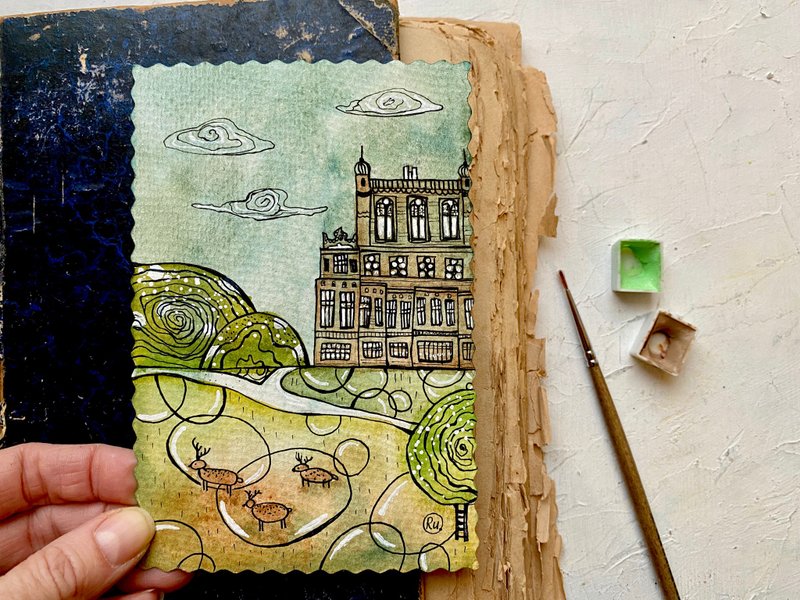 Castle painting Small Original art Mini watercolor Miniature artwork - โปสเตอร์ - กระดาษ สีเขียว