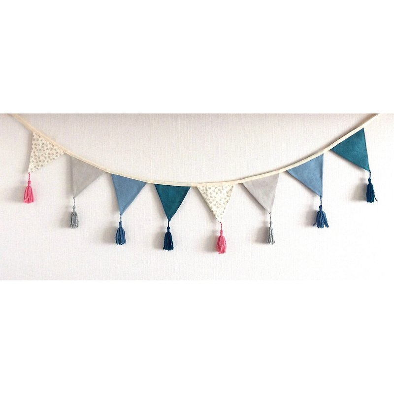Gray Green Fabric Bunting Banner, Pennant Bunting Flags with Tassel - Wall Décor - Linen Gray