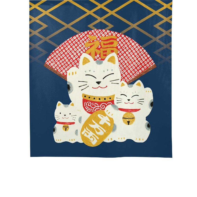 日本製コスモ中門簾 招財貓福扇 海軍藍 - 門簾/門牌 - 聚酯纖維 