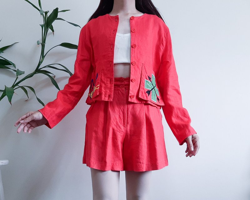 JEAN CHARLES de CASTELBAJAC Red Linen 2 Piece Set Vintage Jacket and Shorts Set - เสื้อสูท/เสื้อคลุมยาว - ผ้าฝ้าย/ผ้าลินิน สีแดง