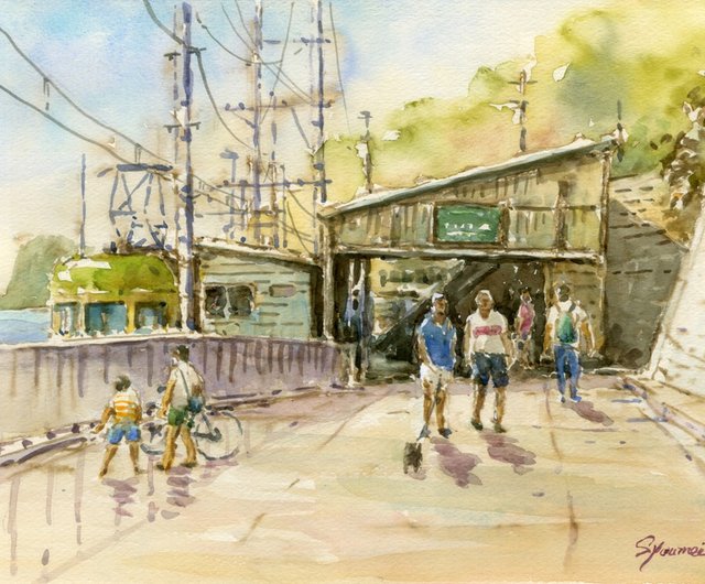 水彩画原画 江ノ電・鎌倉高校前駅の風景 - ショップ 松下勝明 ポスター・絵 - Pinkoi