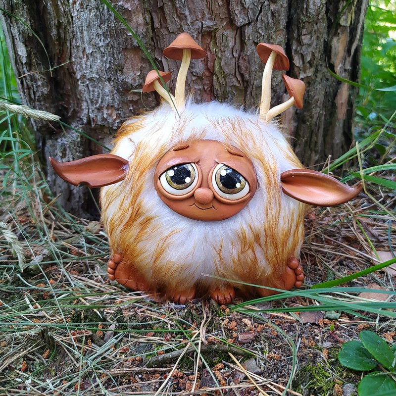 Fluffy interior toy | forest gnome with mushrooms | fantasy creature - 玩偶/公仔 - 其他材質 多色