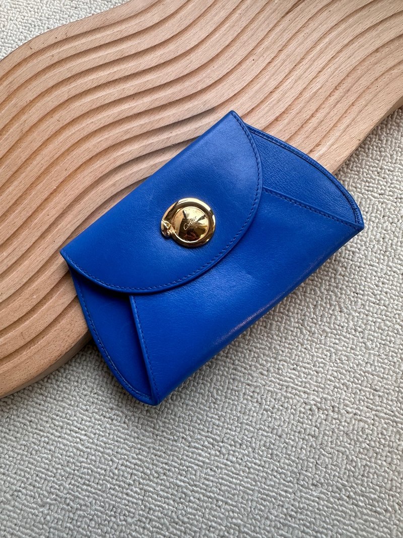 絕版中古品Vintage Cartier 寶石藍金豹頭小錢包 - 零錢包/小錢包 - 真皮 