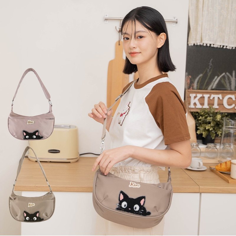 Moon Curved Bag Little Black Cat Towel Embroidered Shoulder Crossbody Bag [330031] - Messenger Bags & Sling Bags - Cotton & Hemp Khaki