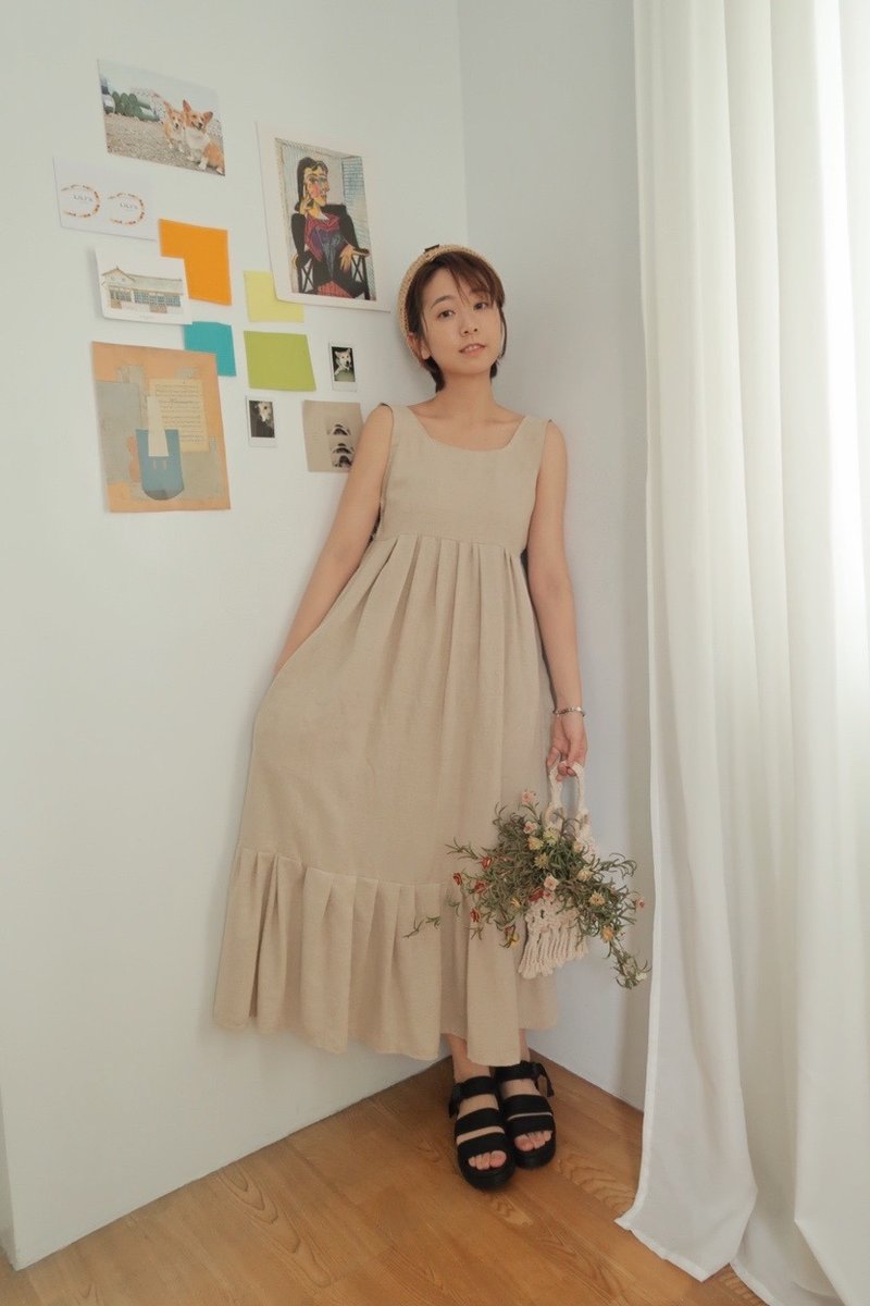 野餐女孩簍空長洋裝 - 洋裝/連身裙 - 棉．麻 卡其色