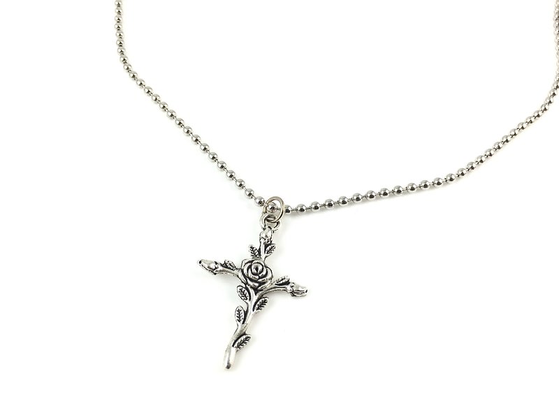 Silver Rose Cross Necklace - สร้อยคอ - โลหะ สีเงิน