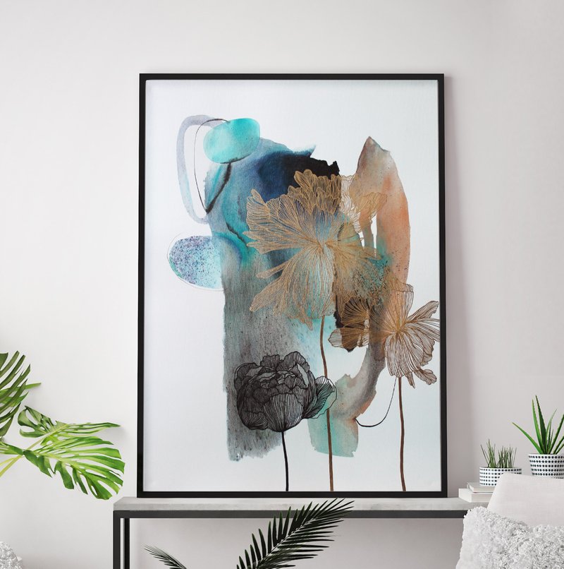 Alcohol Ink Art | Minimal Ink Painting Blue Gold | Ink Wall Art | Thincord - 壁貼/牆壁裝飾 - 棉．麻 藍色