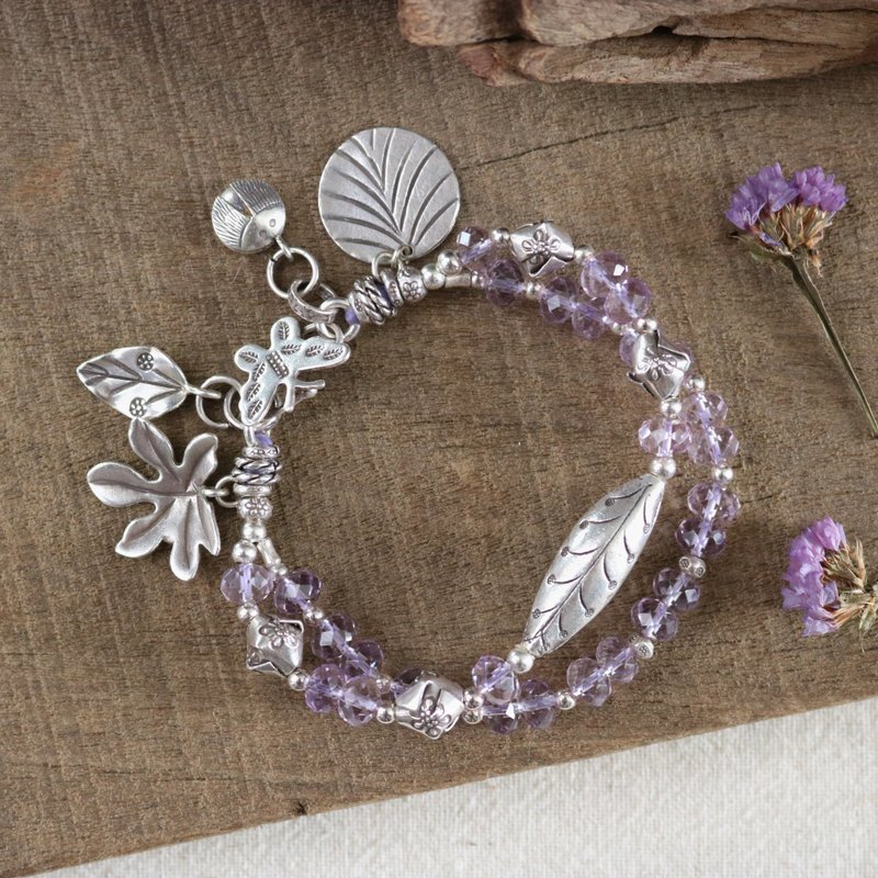 Handmade Lavender Amethyst Leaf Charms Bracelet with Karen Hill Tribe Silver - สร้อยข้อมือ - เงินแท้ สีม่วง