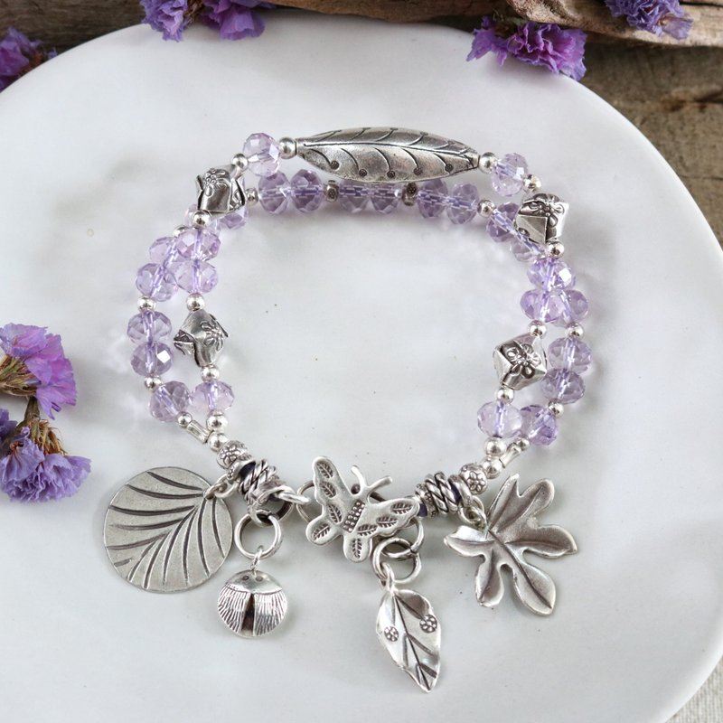 Handmade Lavender Amethyst Leaf Charms Bracelet with Karen Hill Tribe Silver - Bracelets - Sterling Silver Purple