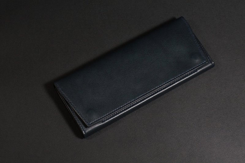 [Hand-stitched long clip] Navy blue double buckle long clip. Italian vegetable tanned leather - Wallets - Genuine Leather Blue
