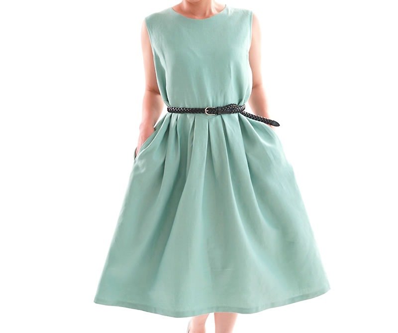 Linen keyboard tuck's sleeveless dress / mint a 13 - 53 - One Piece Dresses - Cotton & Hemp Green