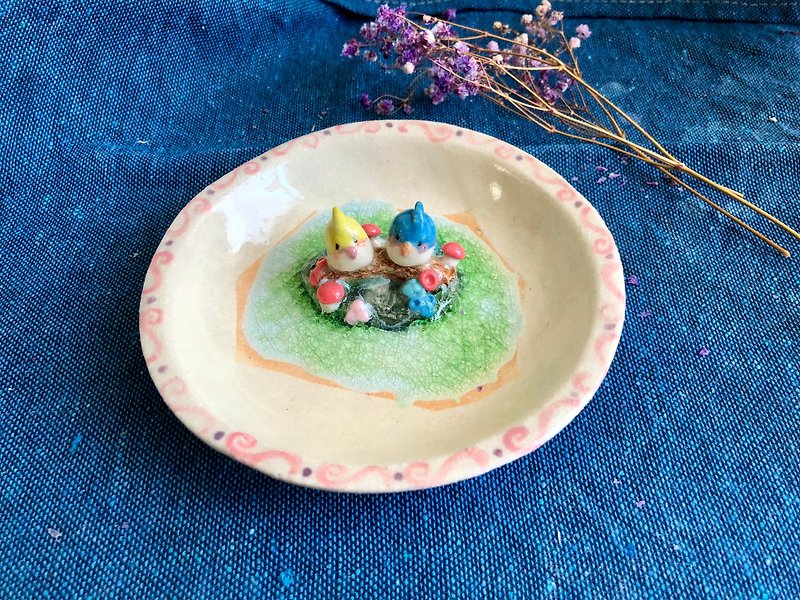 Parrot couple- Handmake Ceramic and glass Jewellery plate - Storage - Pottery Green