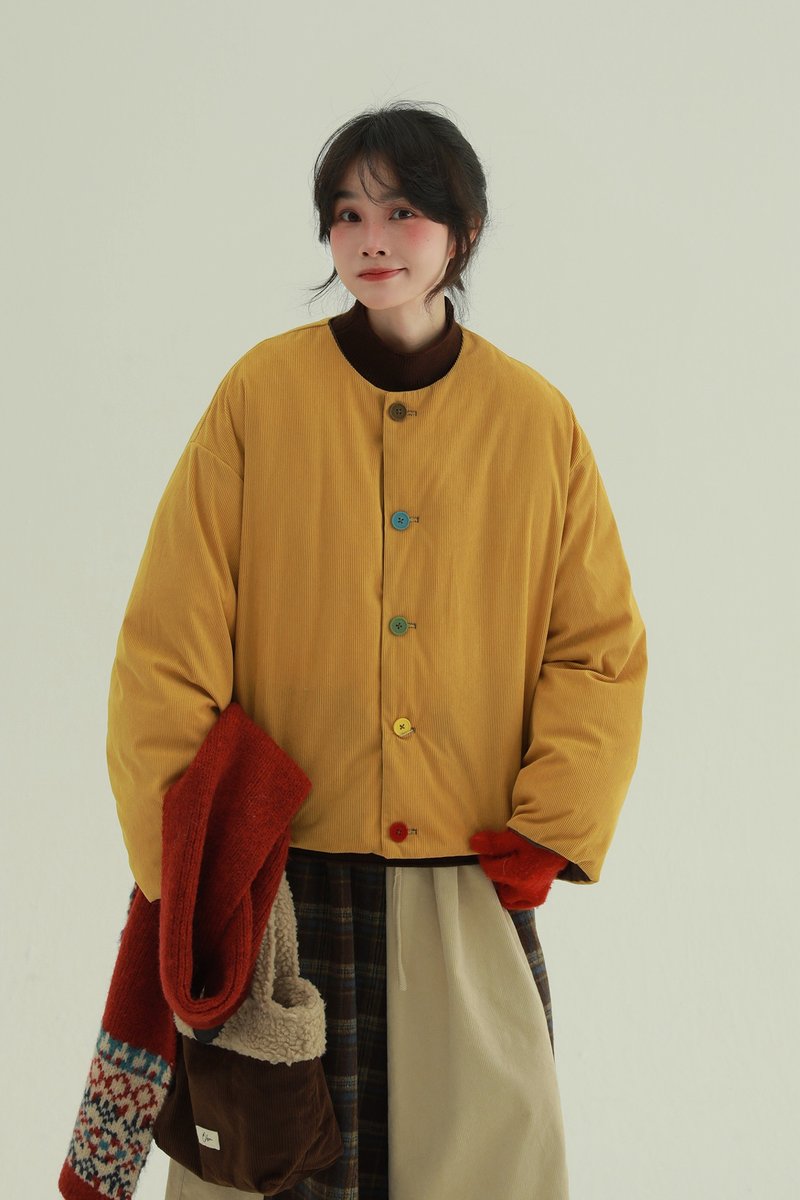 リバーシブルカラフルボタンダウンジャケット 2色展開 カジュアル保温 白ダックダウンコート - ジャケット - その他の化学繊維 イエロー