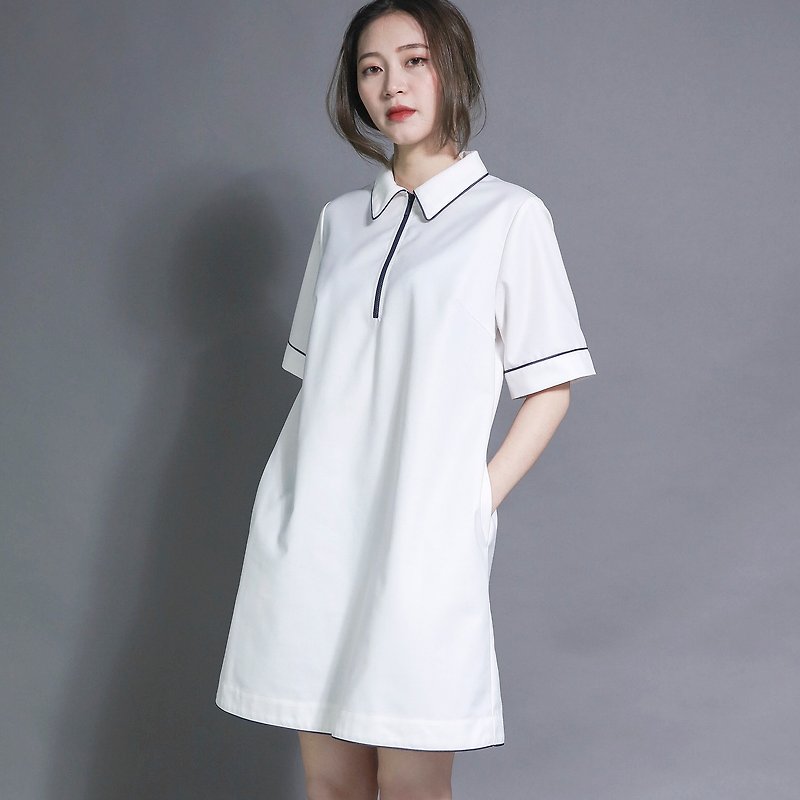 Linear linear budding zipper dress_7SF020_white - ชุดเดรส - ผ้าฝ้าย/ผ้าลินิน ขาว
