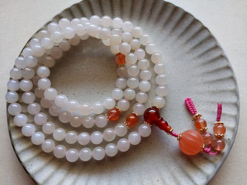 ORLI Jewelry 天然和闐玉藕粉108顆念珠 和田玉藕粉佛珠 南紅瑪瑙 - 項鍊 - 寶石 白色