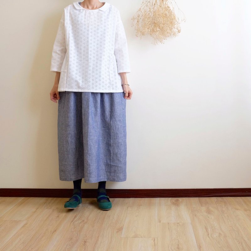 日常手作服   優雅白小丸襟八分袖寬罩衫  刺繡純棉  領口較小 - 女上衣/長袖上衣 - 棉．麻 白色