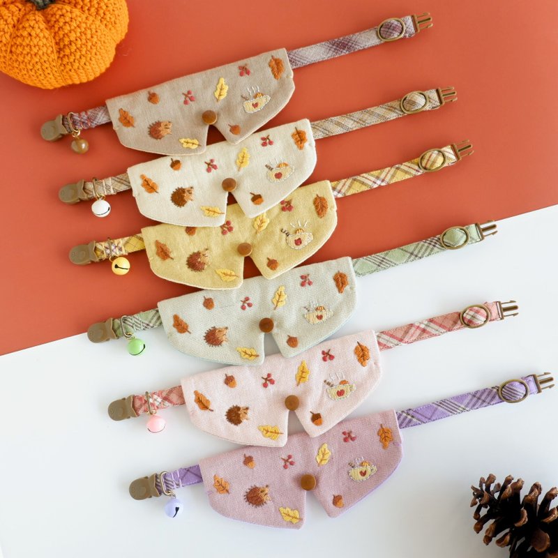 Autumn Hand embroidery collar set, free bell, Cat Collar, Breakaway cat collar - 項圈/牽繩 - 棉．麻 多色
