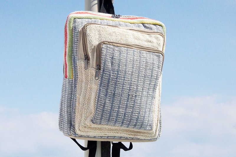 Cotton and linen stitching design backpack / shoulder bag / ethnic mountaineering bag / patchwork bag - blue world geometry - Backpacks - Cotton & Hemp Multicolor