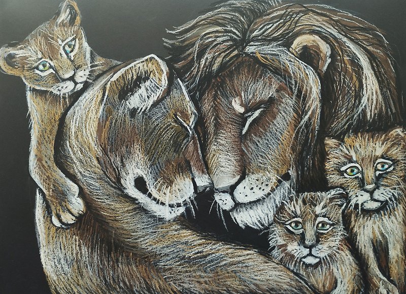 The big family of Lions Love Lions drawing  Oil Pastel Portrait animal art - 牆貼/牆身裝飾 - 紙 咖啡色