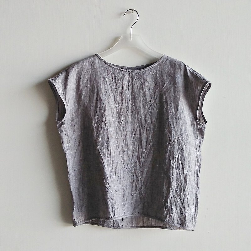 Stitched square top linen flax - เสื้อผู้หญิง - ผ้าฝ้าย/ผ้าลินิน สีเทา