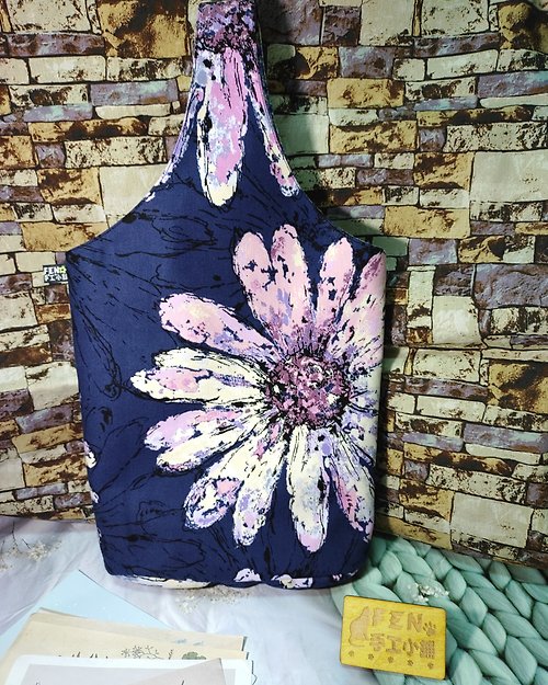 FEN手工小鋪 花朵系列-日本限量布厚棉款深藍色北歐紫色大提袋-雙杯水壺提袋