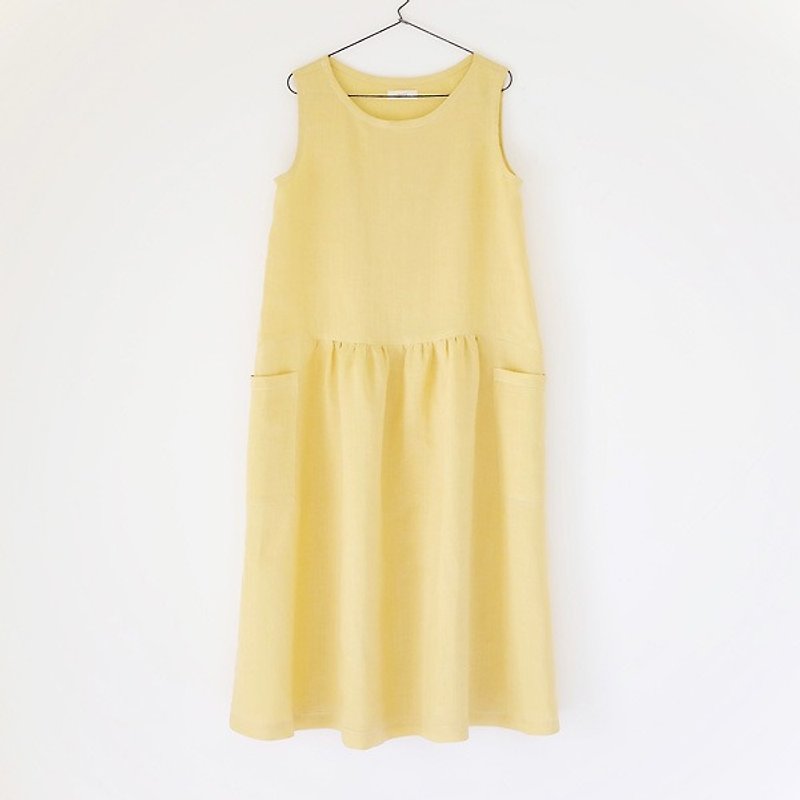 Daily dress. Light yellow vest dress, ramie - ชุดเดรส - ผ้าฝ้าย/ผ้าลินิน สีเหลือง