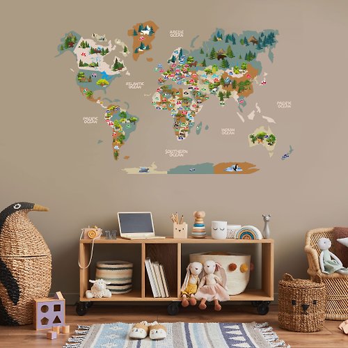 EnjoyTheWood 互動世界地圖牆 苗圃牆藝術 兒童世界地圖 遊戲室