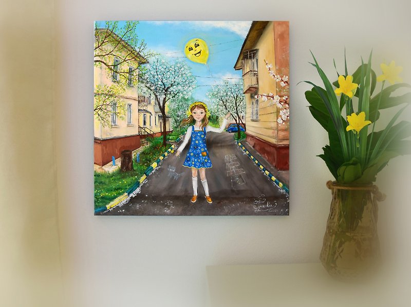 油絵オリジナル。キャンバスに風景画。春の街の風景。油画 - ウォールデコ・壁紙 - その他の素材 多色