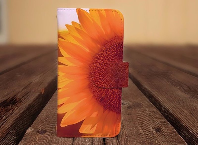 [Compatible with all models] Free shipping [Notebook type] Sunflower Sunflower smartphone case - เคส/ซองมือถือ - หนังแท้ สีส้ม