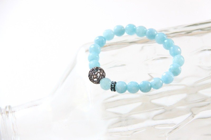 Fashion Energy Jewelry Series - Sea Water Blue Quartz Lace Carved Silver Bead Bracelet - Bracelets - Gemstone Blue