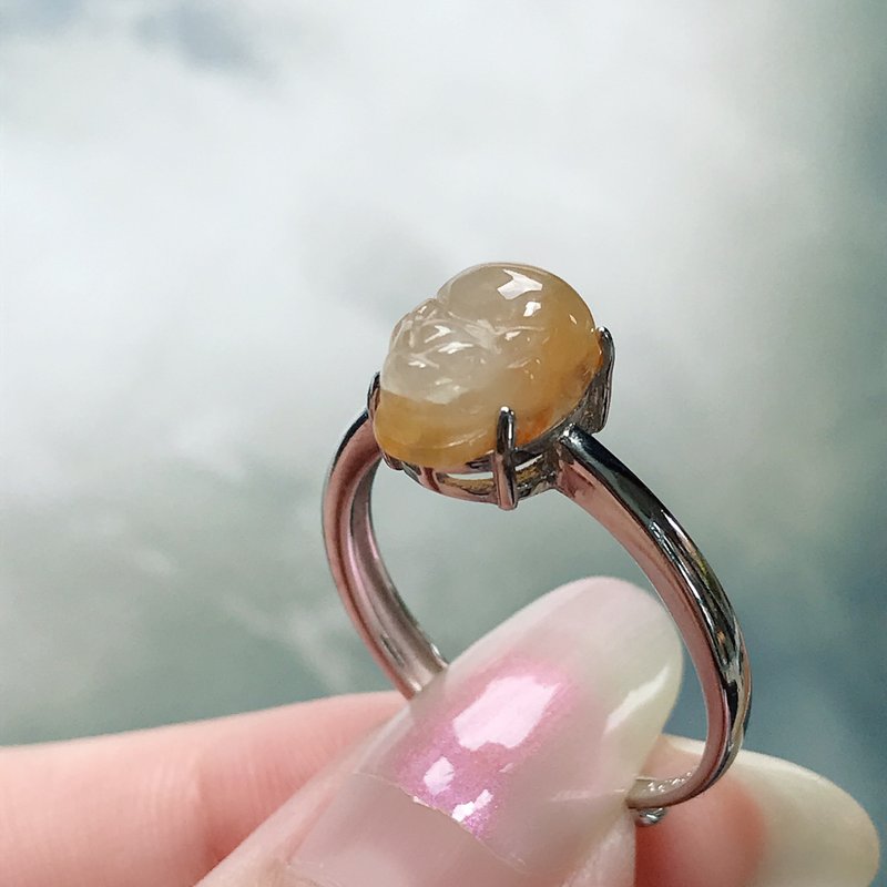 [Lucky Beast] Ice Floating Yellow Jade Pixiu Ring 925 Sterling Silver Inlaid | Natural Burmese Jade Jade A Grade - แหวนทั่วไป - หยก สีเหลือง