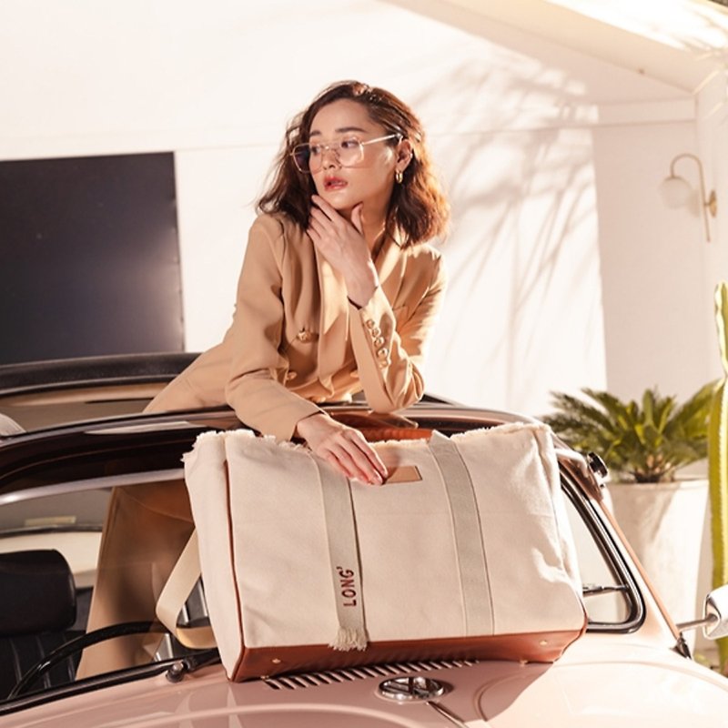 Daydreaming Oversized Canvas Leather Weekender Bag - Ivory - 行李箱/旅行袋 - 環保材質 白色