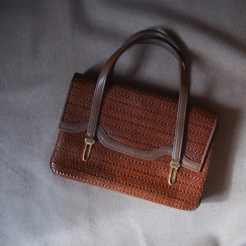 Brown leather woven bag, second-hand bag, vintage antique bag - กระเป๋าถือ - หนังแท้ 