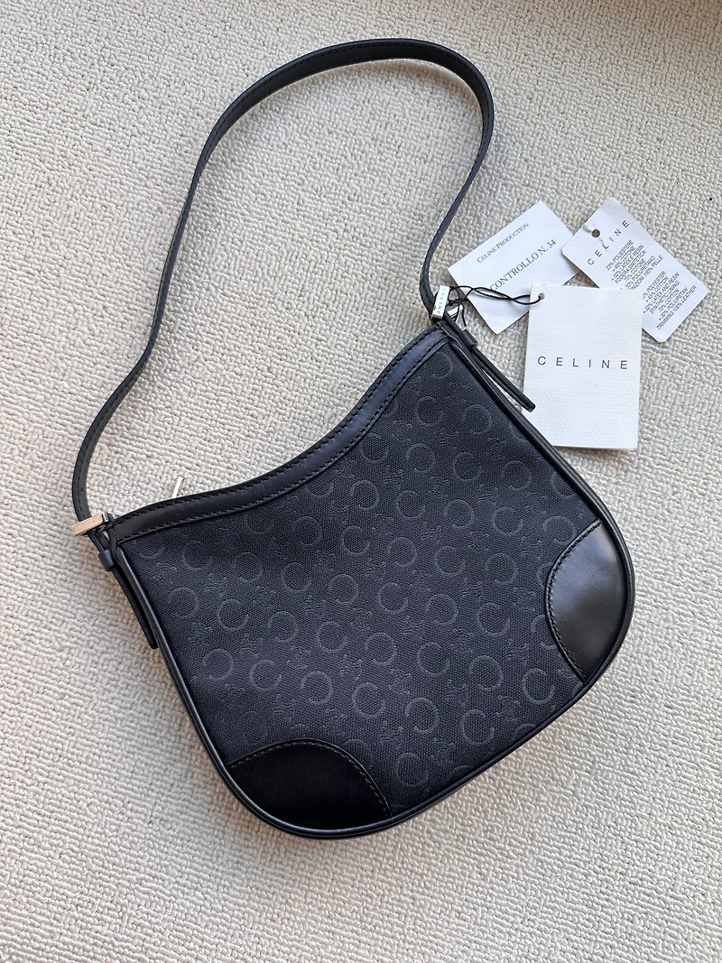 Second-hand bag Vintage Celine black Arc de Triomphe embroidered pattern armpit bag - กระเป๋าถือ - ผ้าฝ้าย/ผ้าลินิน สีดำ