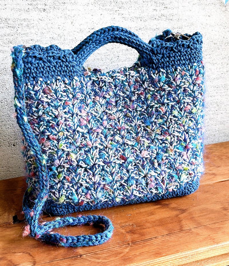 Colorful section dyed grainy sea hand crochet bag for 2 - gray blue - Messenger Bags & Sling Bags - Cotton & Hemp Blue